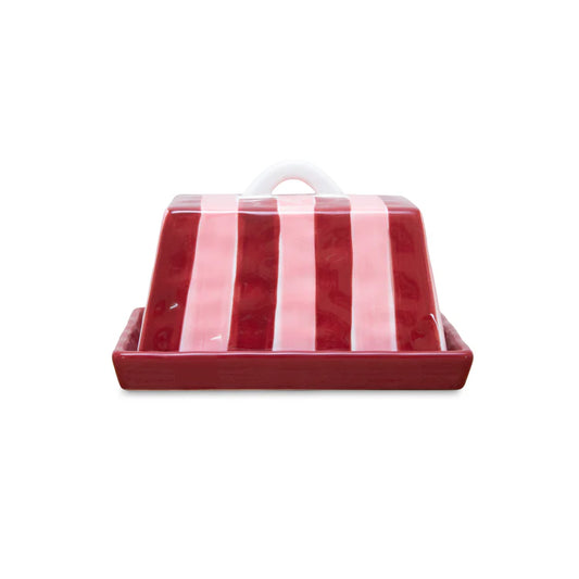 Red and white striped ceramic butter dish on a white background
