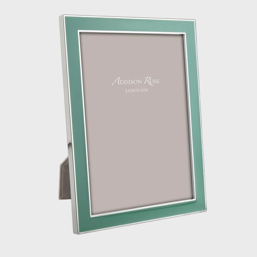 Green and silver photo frame with 'Addison Ross London' branding on a white background