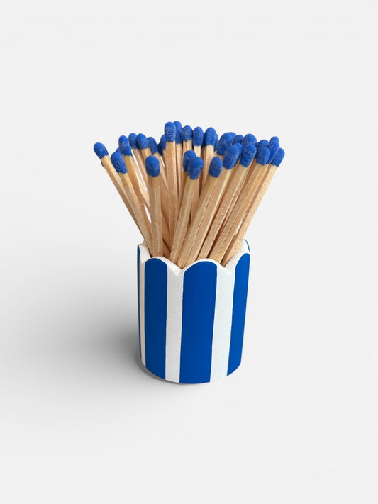 Blue Stripe Matchstick Pot with Blue Matches
