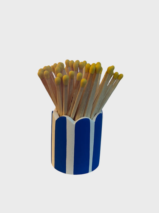 Blue Stripe Matchstick Pot with Yellow Matches