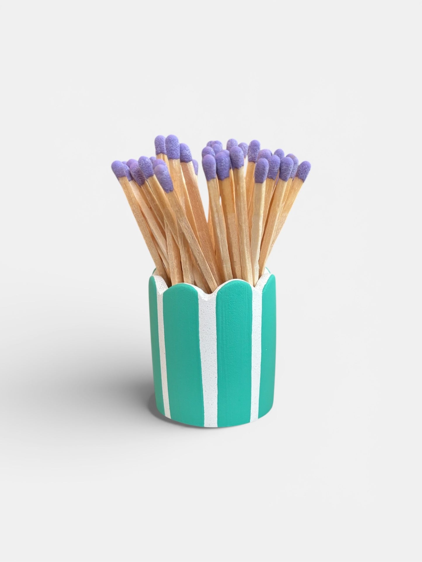 Mint Stripe Matchstick Pot with Purple Matches
