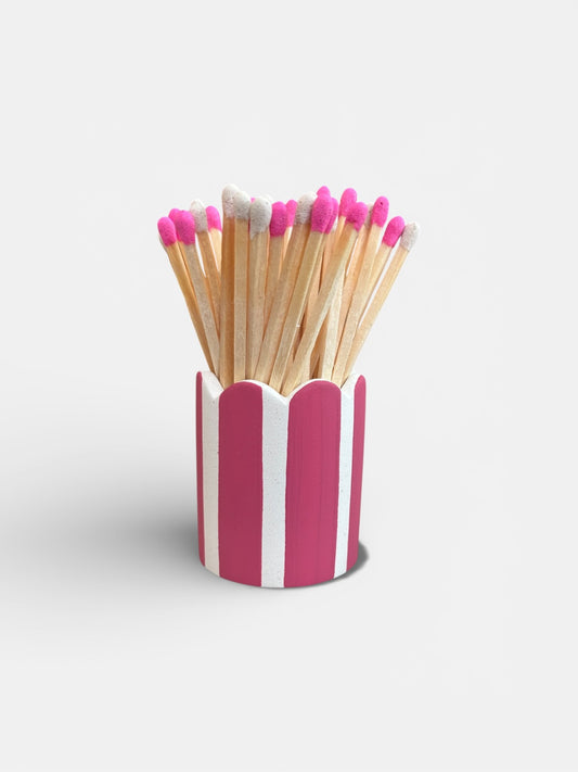 Pink Stripe Matchstick Pot with Pink & White Matches
