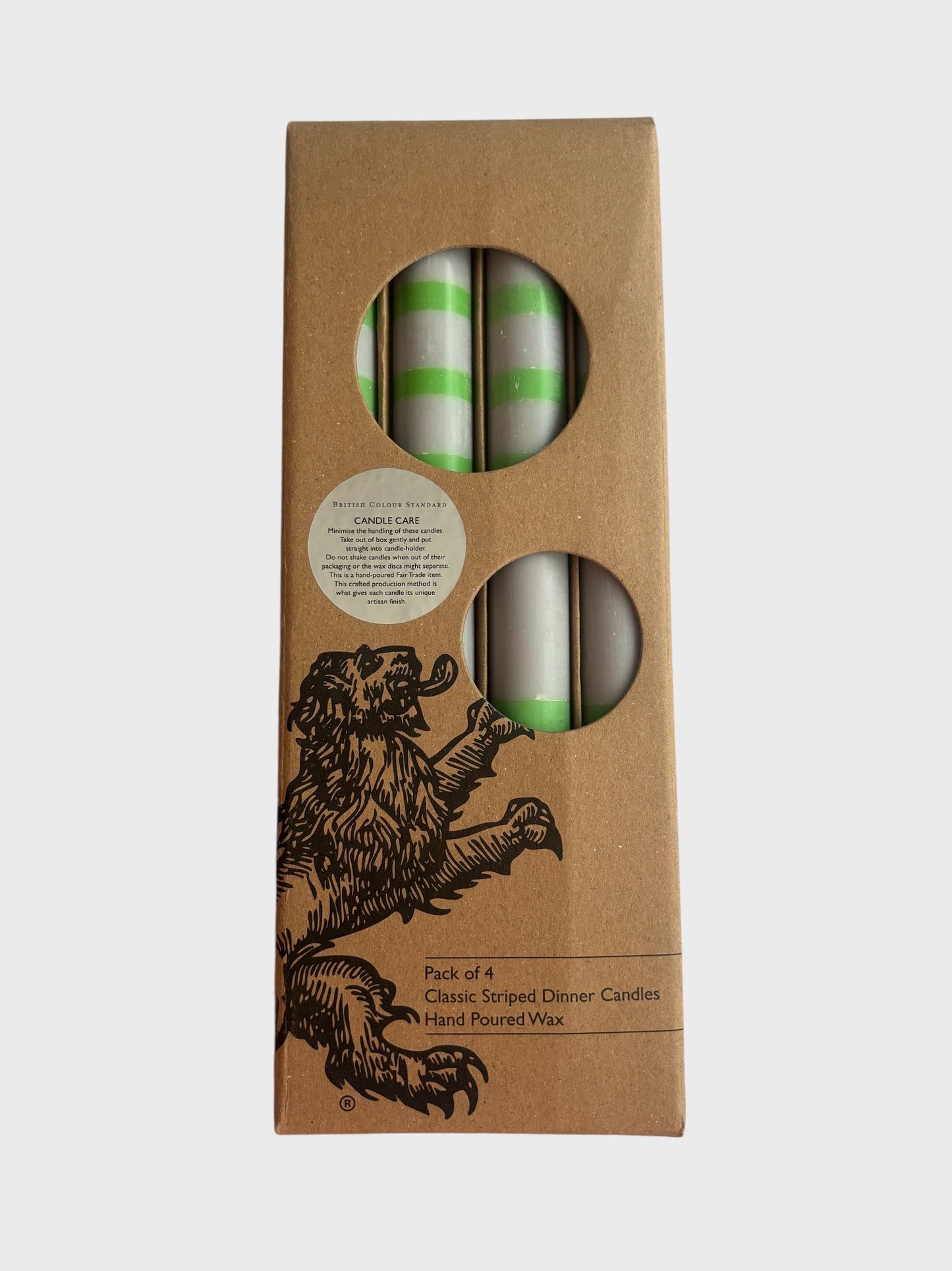 Classic Striped Dinner Candles 4 Pack - Grass Green, Nanking Blue & Willow Grey
