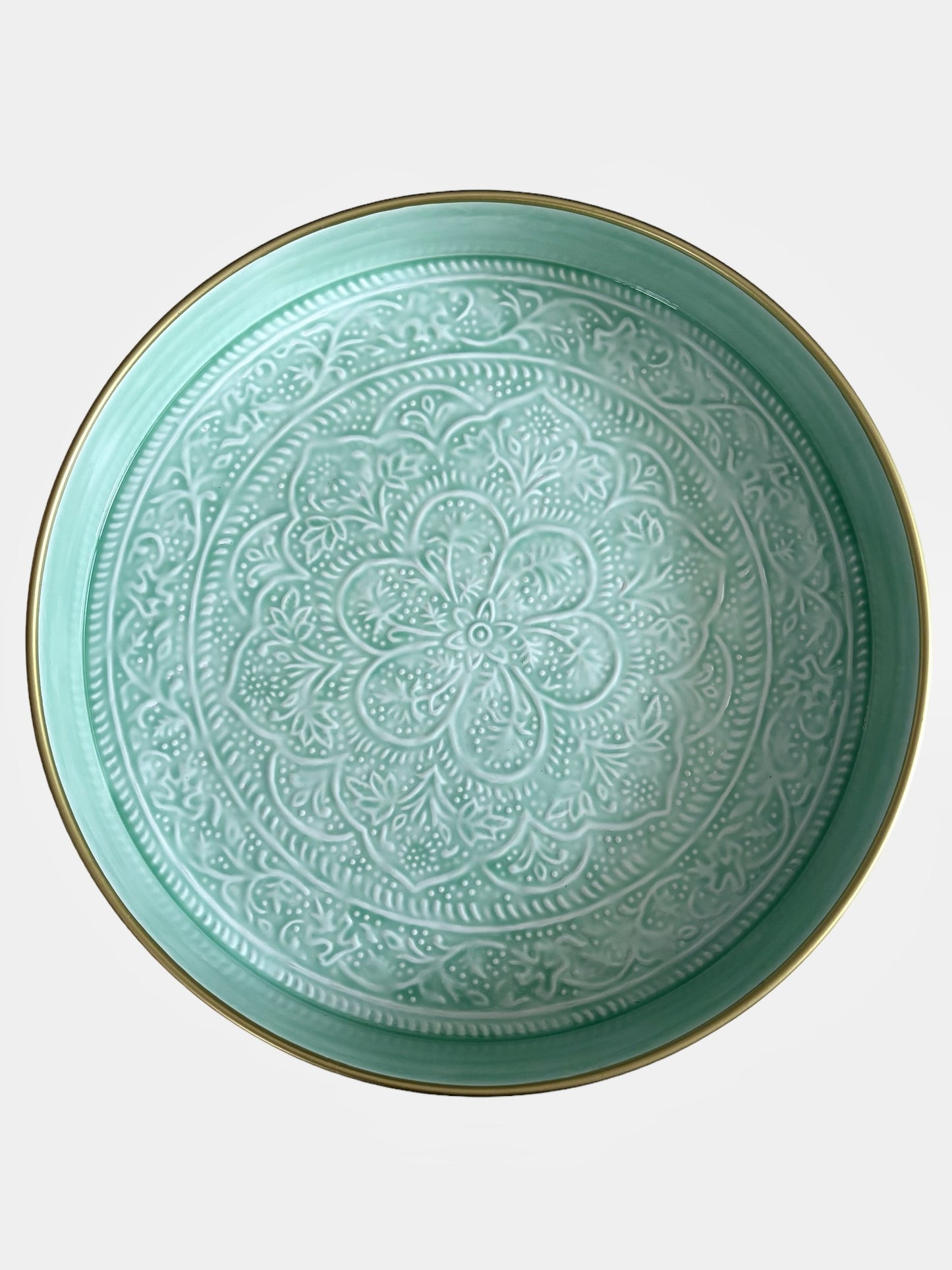 A large light blue enamel tray with embossed detail