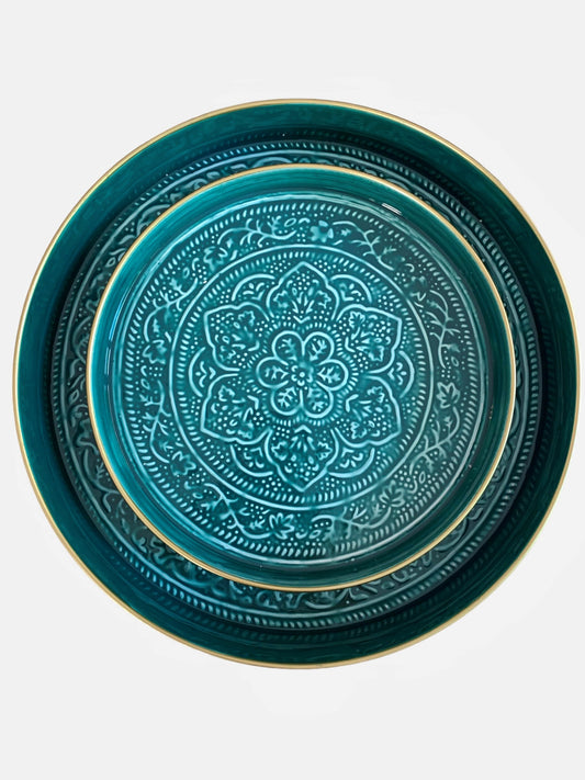 Set of 2 Enamel Trays - Teal