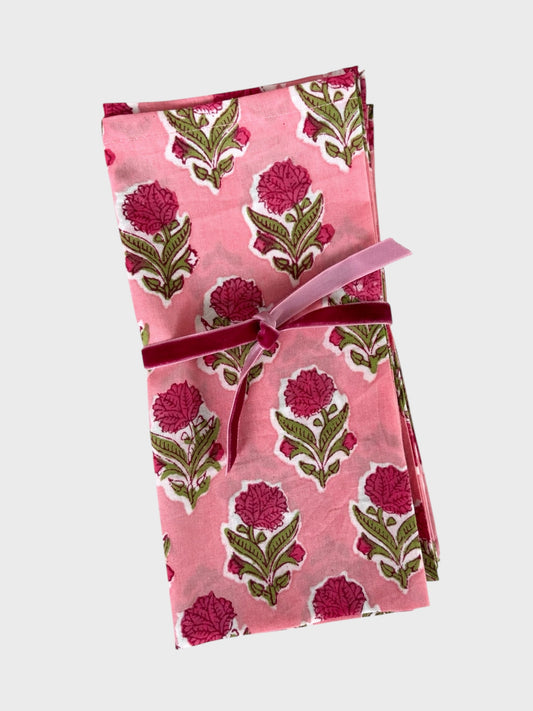 Pink Marigold Block Printed Napkins  - Set of 4