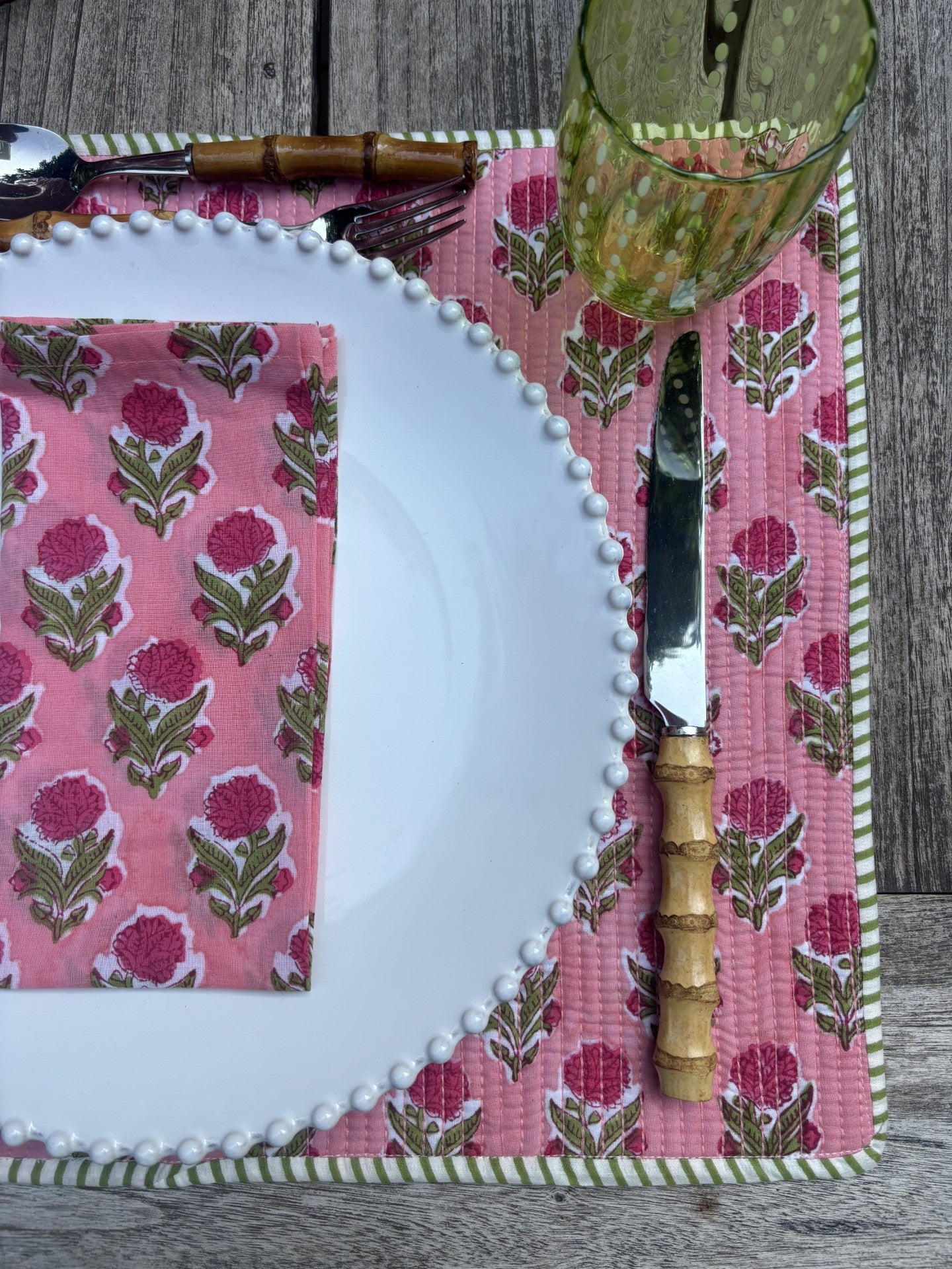 Pink Marigold Block Printed Placemats  - Set of 4