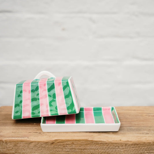 Large Butter Dish - Pink & Green Stripe