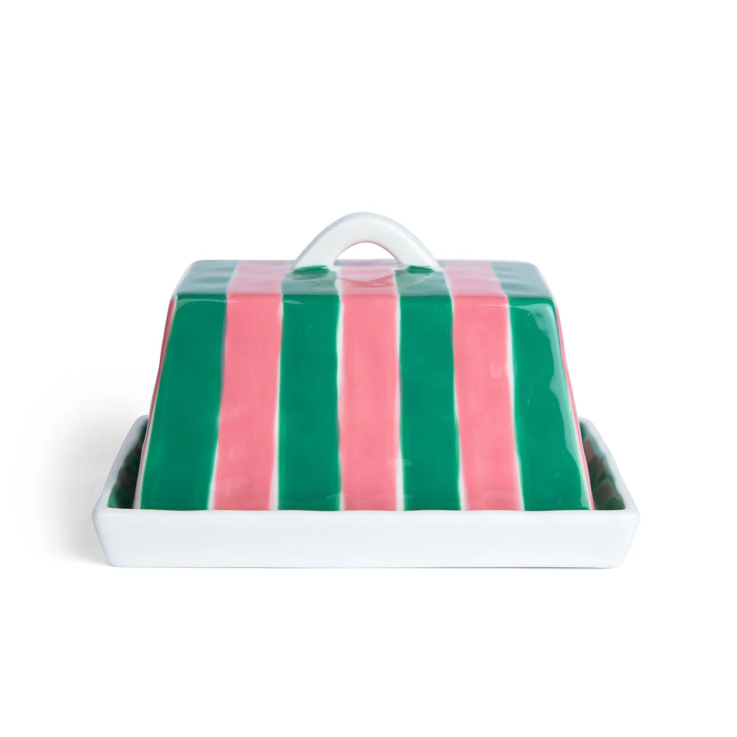 Large Butter Dish - Pink & Green Stripe