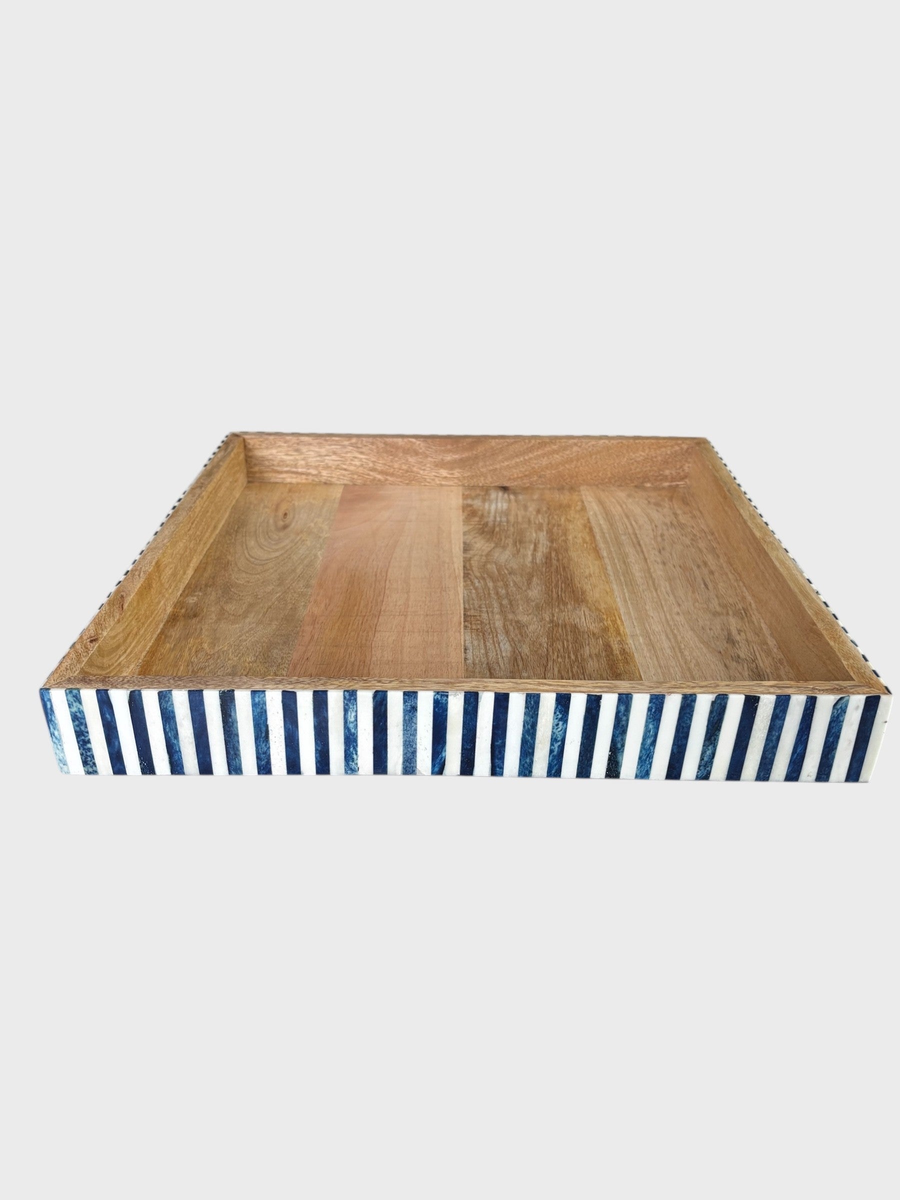 A large blue and white striped bone inlay tray with a mango wood base