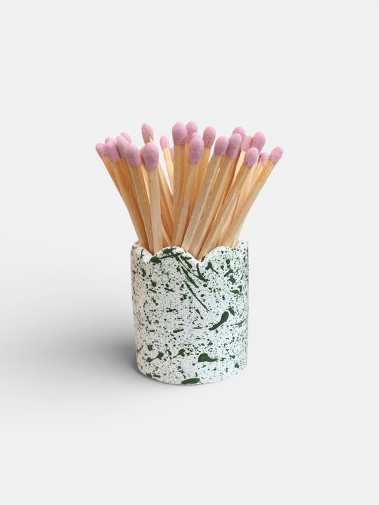 Green Splatter Matchstick Pot with Pale Pink Matches