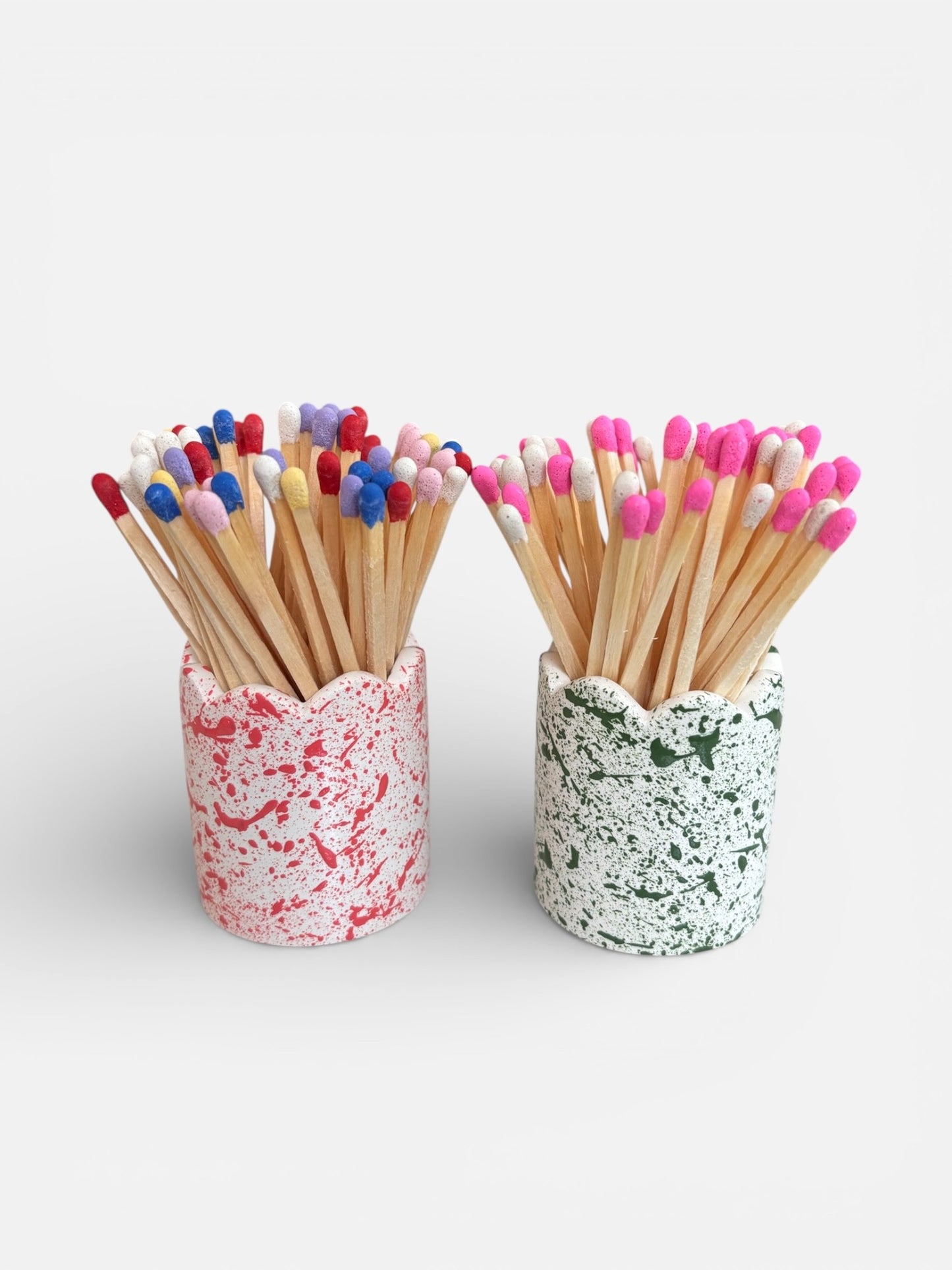 Green Splatter Matchstick Pot with Pale Pink Matches