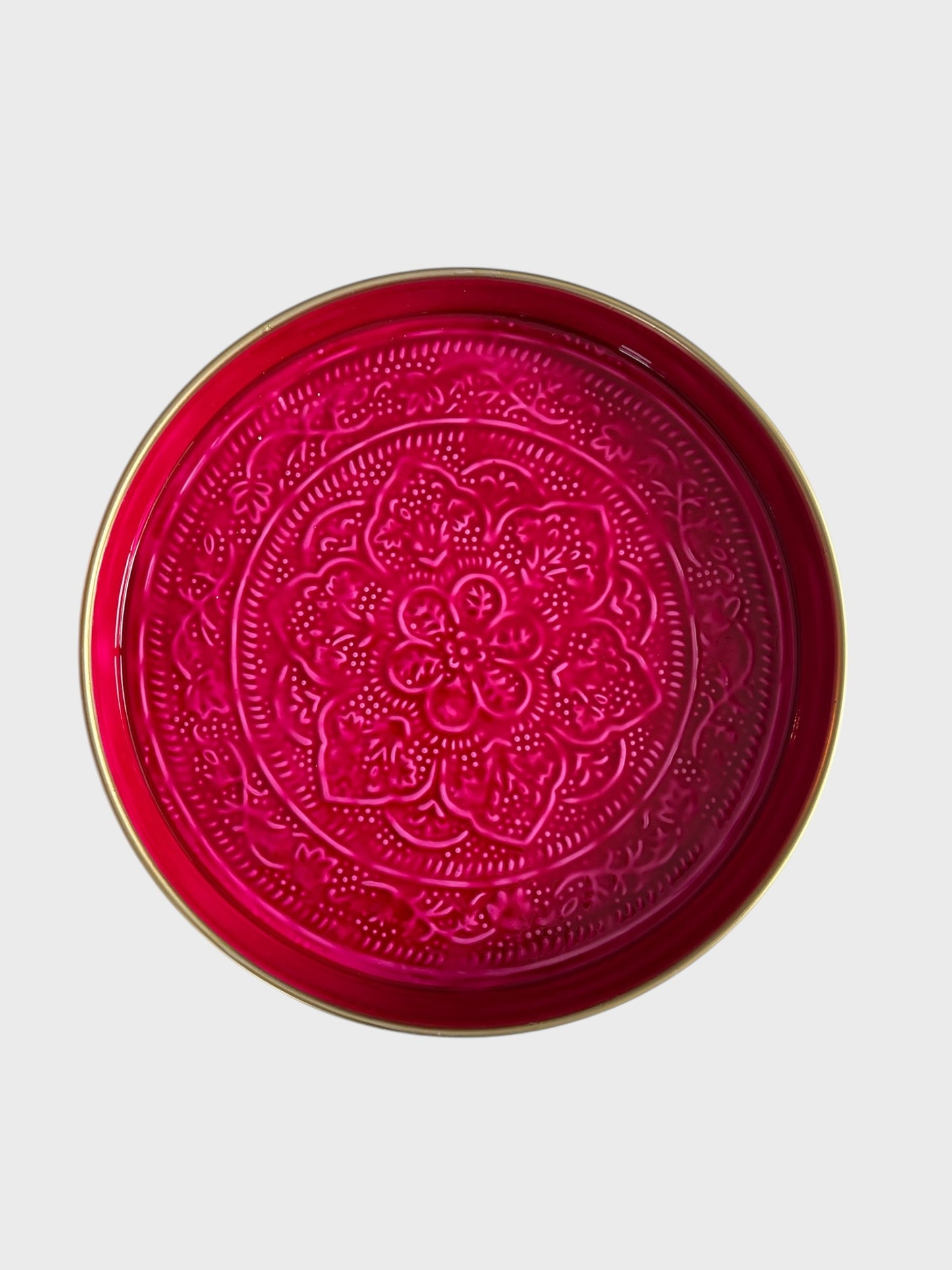 cerise coloured enamel tray with floral embossing