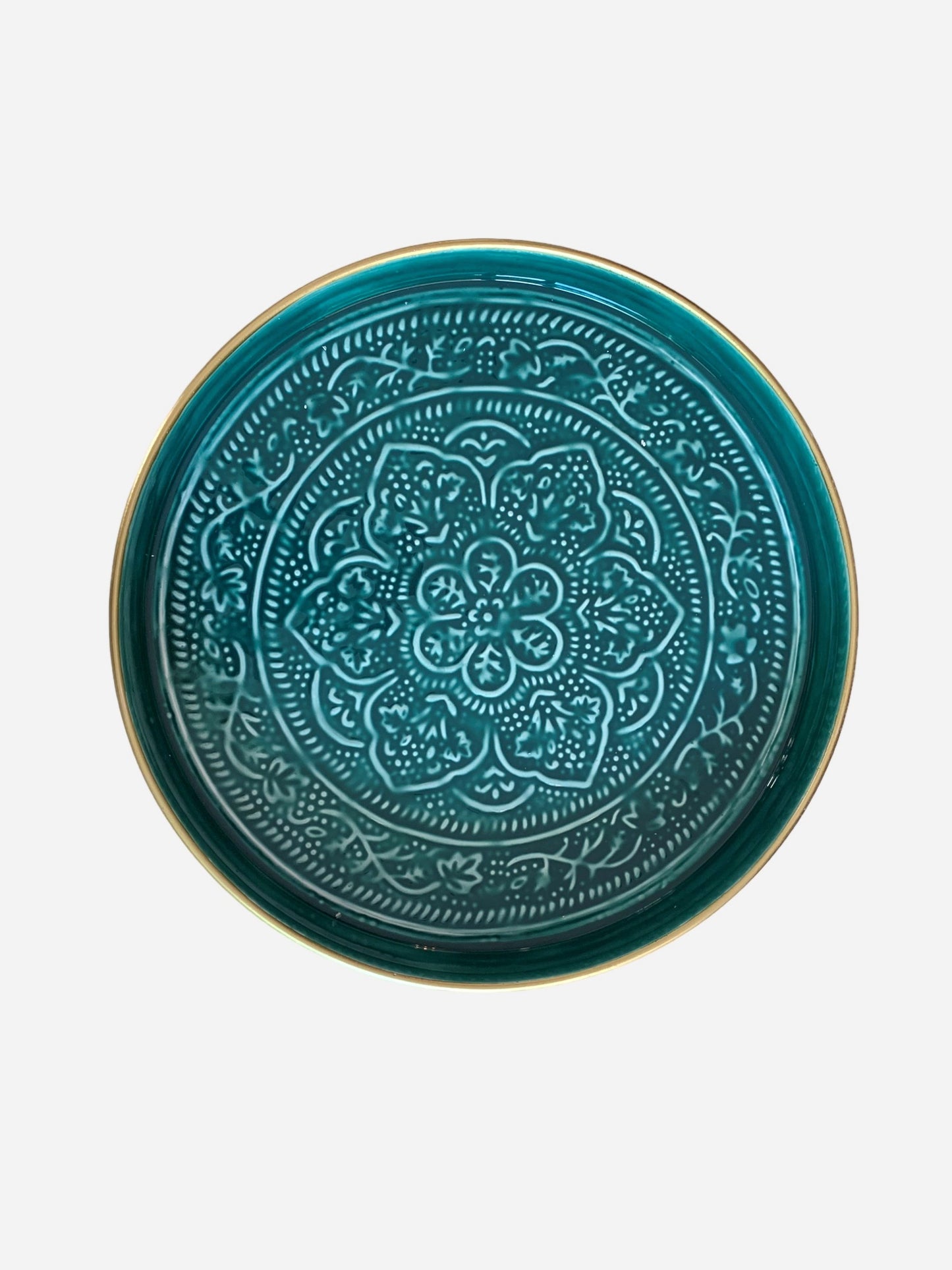 A medium sized teal enamel tray with floral embossing detail.