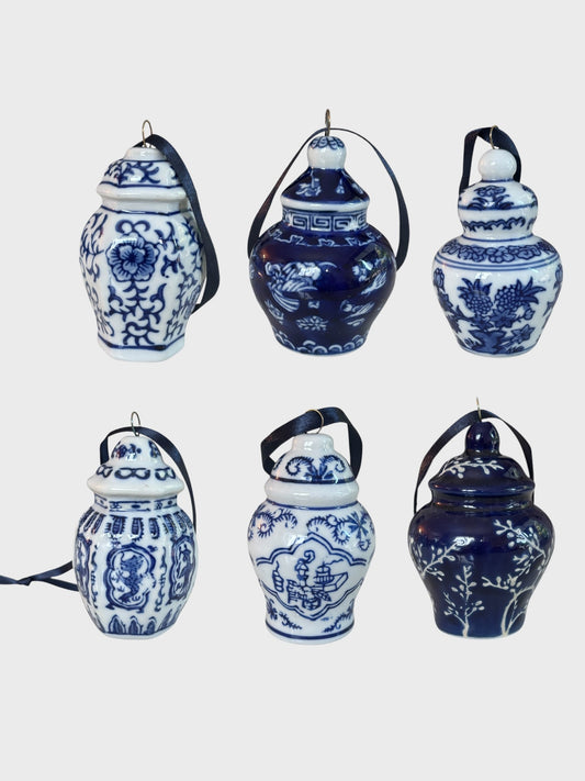 Mini Blue and White Ginger Jar Ornaments - Set of 6