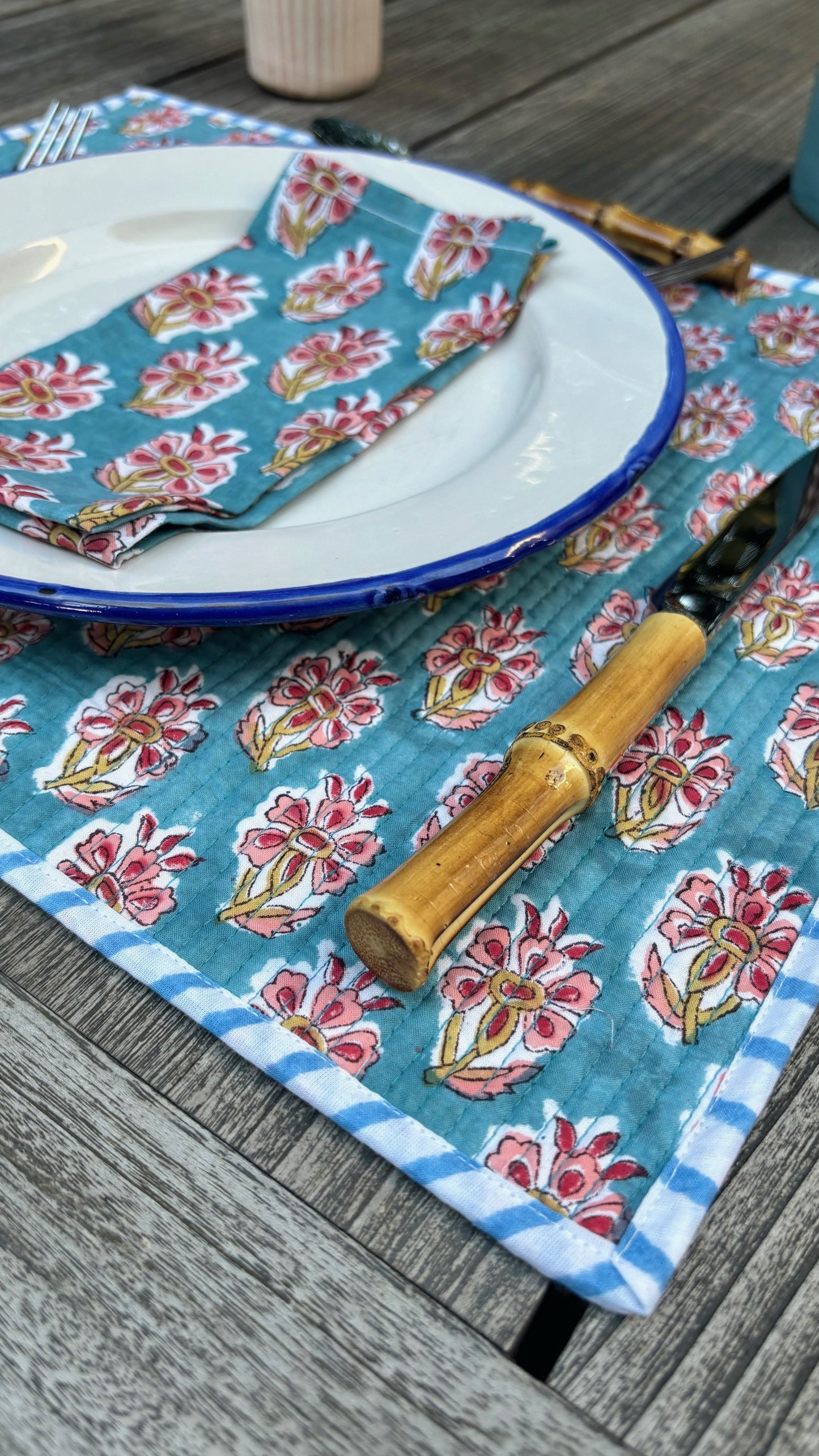 Hibiscus Block Printed Placemat With Napkin