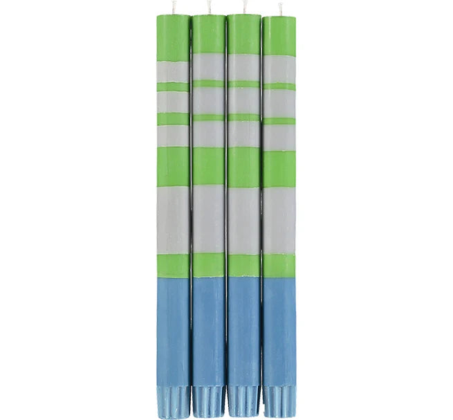 Classic Striped Dinner Candles 4 Pack - Grass Green, Nanking Blue & Willow Grey