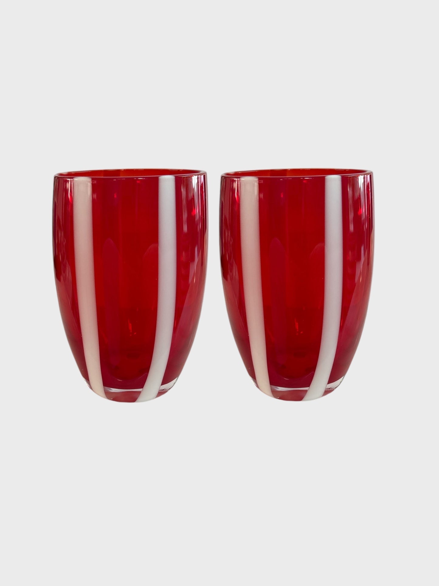 2 red glass tumblers with hand-painted white stripes