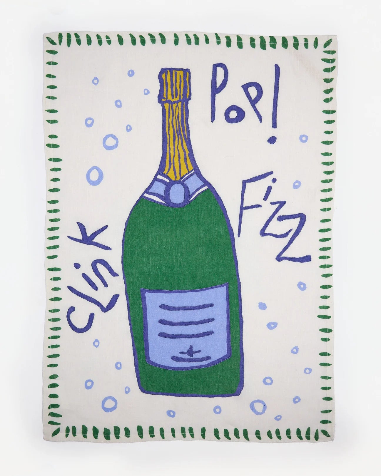 Tea towel with a green champagne bottle illustration and text 'Pop! Fizz' on a white background.