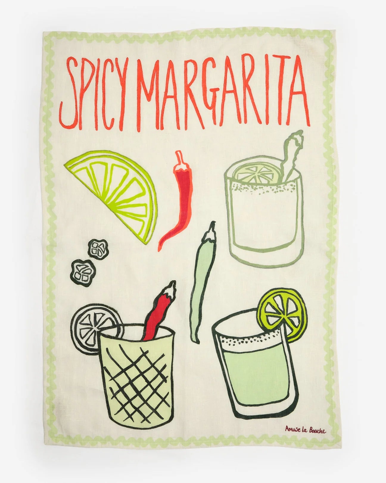 Tea towel with 'Spicy Margarita' text and illustrations of a margarita, lime, and chili pepper on a white background.