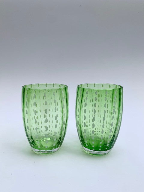 Two green glass tumblers with perle design.